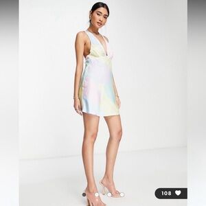 NWT ASOS Design Bias Cut Plunge Satin Racerback Mini Dress Size 10